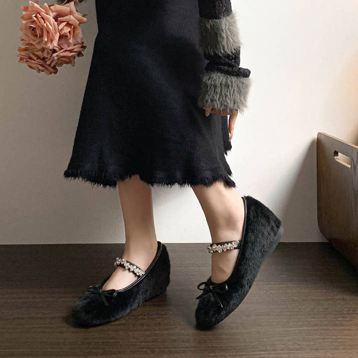 Stella - Rhinestone Strap Winter Flats