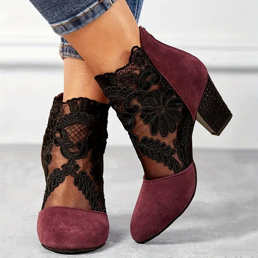 Natalia - Stylish Flower Lace Heels With Handmade Details
