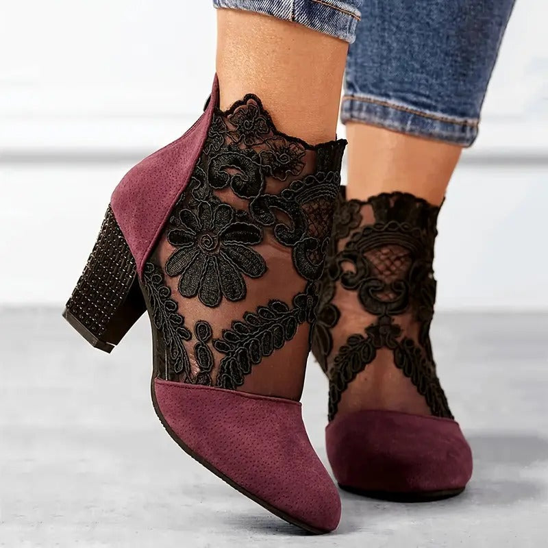 Natalia - Stylish Flower Lace Heels With Handmade Details